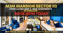 an advertisement for m3m mansion sector 113 offers lavish 3bhk & 4bhk apartments in gurgaon