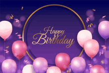 a birthday card with pink and purple balloons