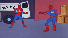 a cartoon of spider-man pointing at another spider-man .