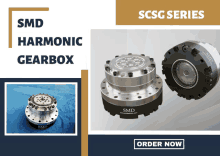 an advertisement for smd harmonic gearbox with a picture of a gearbox