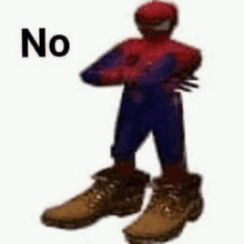 a spider man in a suit and boots is standing with his arms crossed and says no .