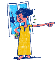 a cartoon of a woman pointing at a window