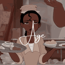 a cartoon of a woman holding a tray of food with the word age written below her