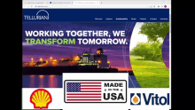 a computer screen shows a website for tellurian that says " working together we transform tomorrow "