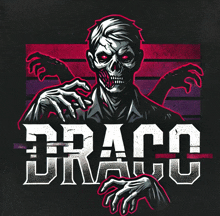 a black and white drawing of a zombie with red eyes and the word draco below it