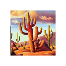 a painting of a desert landscape with cactus trees