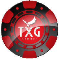 a red and black poker chip with txg on it