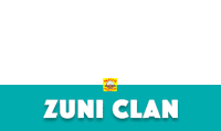 a blue and white banner with the word zuni clan on it