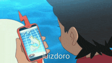 a cartoon character holding a cell phone with the name luizdoro on the bottom