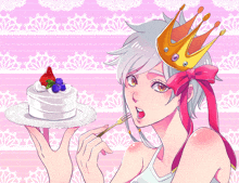 a girl with a crown on her head is holding a cake