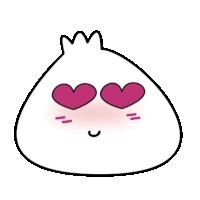 a cartoon drawing of a dumpling with pink hearts in its eyes .