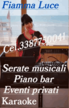 a woman singing into a microphone in front of a piano bar