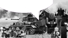 a black and white photo of a robot standing next to a tank .