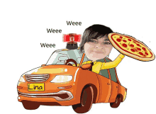 a cartoon of a woman in a car holding a pizza with the words weee and weee below her