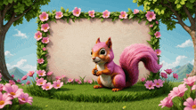 a pink squirrel is sitting in the grass with flowers around it