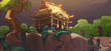 a cartoon drawing of a small house on a rocky hillside