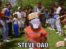 a cartoon character is dancing in front of a crowd of people while wearing sunglasses and a drum .