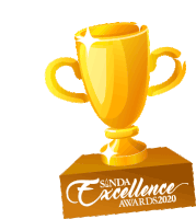 a gold trophy sits on a pedestal with the words sanda excellence awards 2020 on it