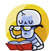 a cartoon of a robot reading a book with glasses on