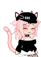 a drawing of a girl with pink hair wearing a black hat with the number 888 on it