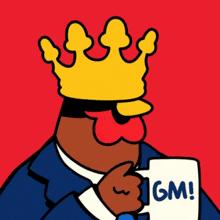 a cartoon of a man wearing a crown drinking from a cup that says gm