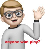 a cartoon character with glasses and the words " anyone wan play " below him