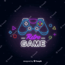 a neon sign for a retro game with a game controller