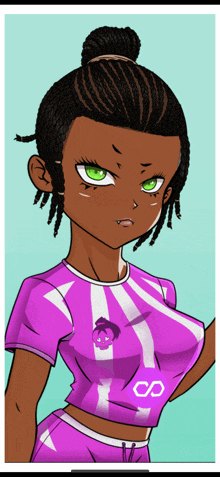 a cartoon drawing of a girl wearing a purple shirt that says cp on the front