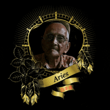 a picture of an older man with glasses and the name aries