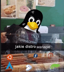 a man with a penguin head is behind a display of hot dogs and a sign that says jakie distro wariacie