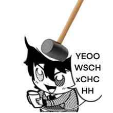 a black and white drawing of a man with a hammer on his head and the words yeoo wsch xchc hh