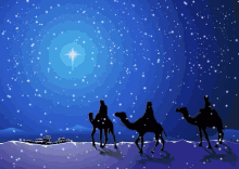 three wise men riding camels in the desert at night