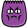 a cartoon purple monster with a very angry face and teeth .