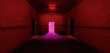 a red hallway with a purple light coming out of a door