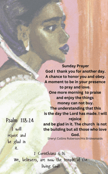 a sunday prayer with a picture of a woman and a bible verse