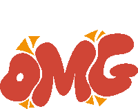 a red omg logo with orange triangles around it