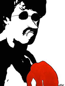 a black and white drawing of a man with a mustache and sunglasses has the name landboys on the bottom right