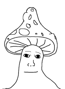 a black and white drawing of a mushroom with a human face on it