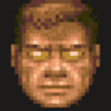 a pixel art of a man 's face with glowing eyes