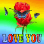 a red rose with butterflies around it and the words love you below it