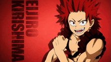 a red haired anime character with the name eijiro kirishima on the bottom