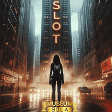 a woman stands in front of a building that says slot on it