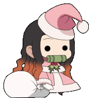 a cartoon girl wearing a santa hat is holding a bag