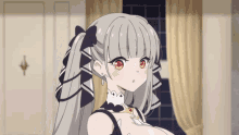 a girl with gray hair and red eyes is standing in a room