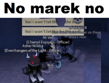 a screenshot of a video game with the words no marek no