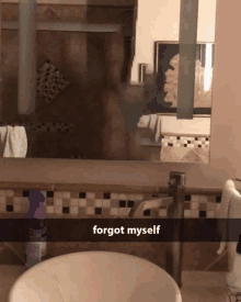 a bathroom with a sink and a mirror and the words forgot myself