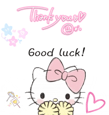 a hello kitty with a pink bow and the words " good luck " on the bottom