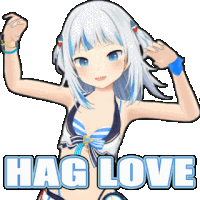 a girl with white hair and blue eyes is wearing a bikini and has the words hag love written above her .