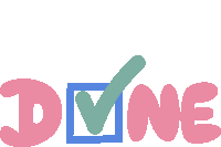 a pink and blue logo for divine with a green check mark in a blue box