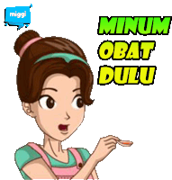 a cartoon of a woman holding a spoon with the words minum obat dulu written above her